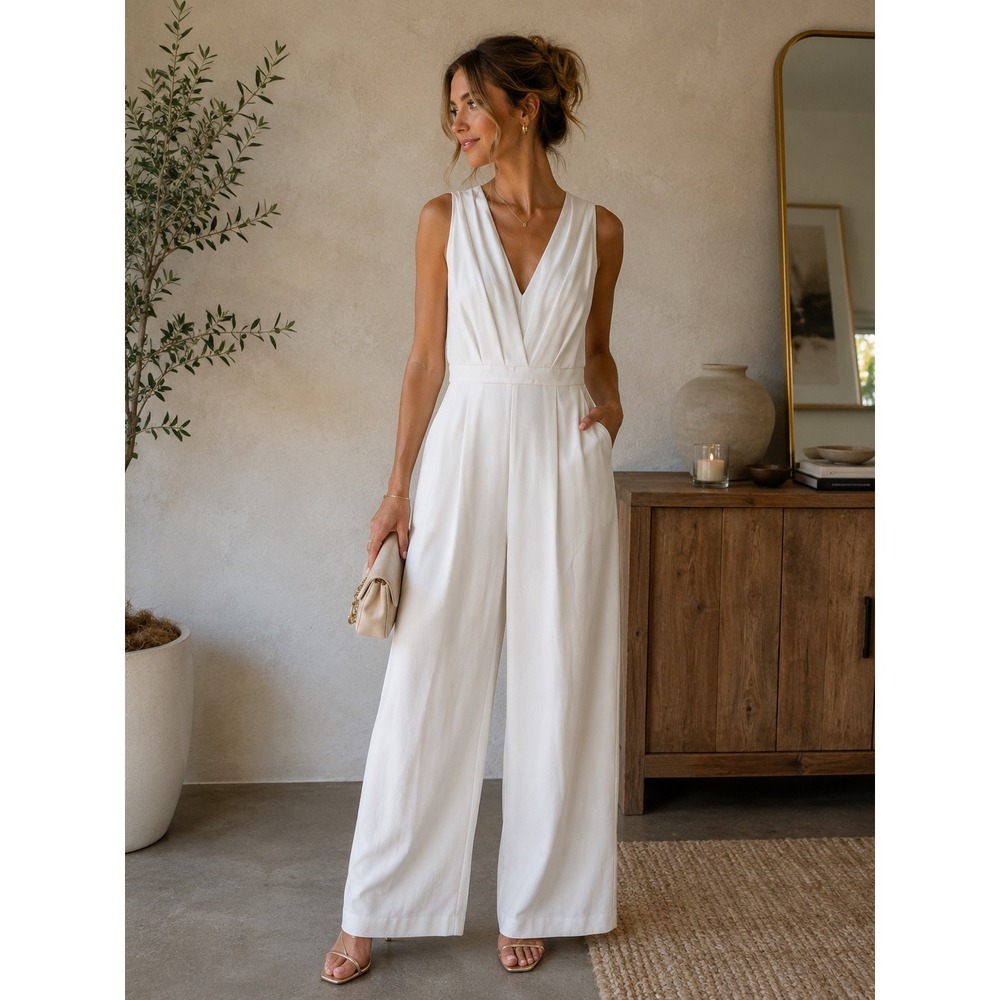 Lauren Ralph Lauren White Wide Leg V-Neck Cutout Back Jumpsuit Pockets 14
